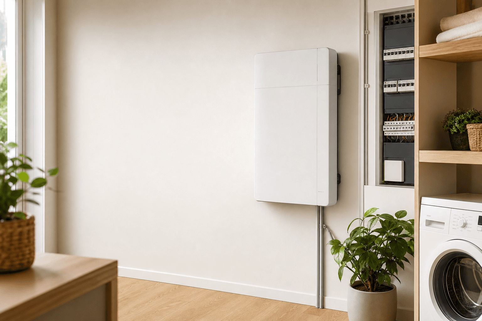 Stekkerbatterij aan de muur in een moderne bijkeuken