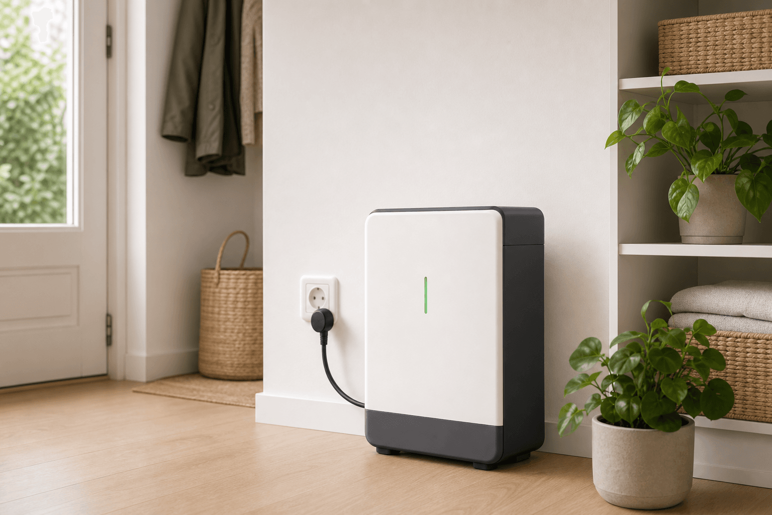 Compacte stekkerbatterij aangesloten op een stopcontact in huis