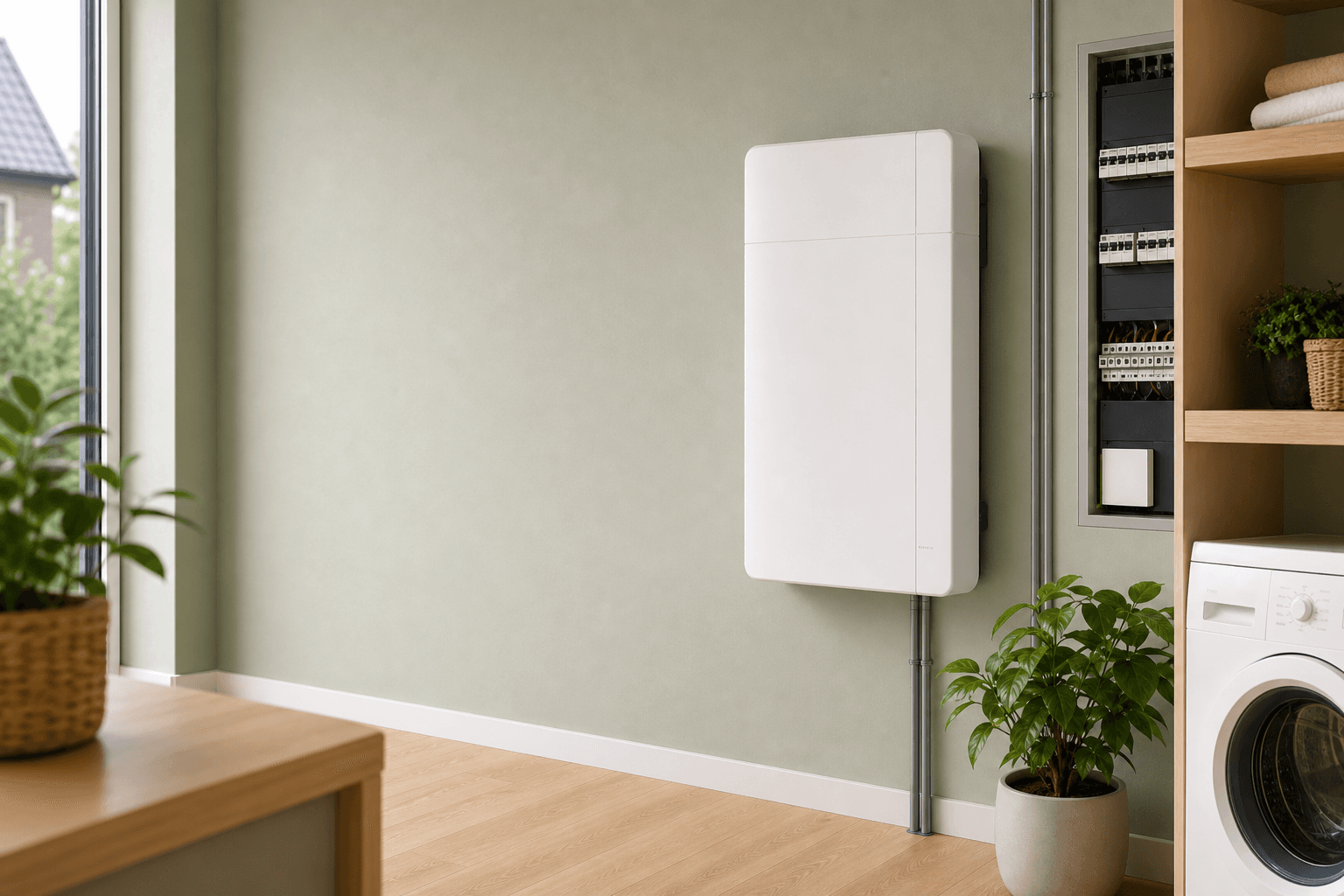 Wandgemonteerde vaste thuisbatterij in een moderne technische ruimte